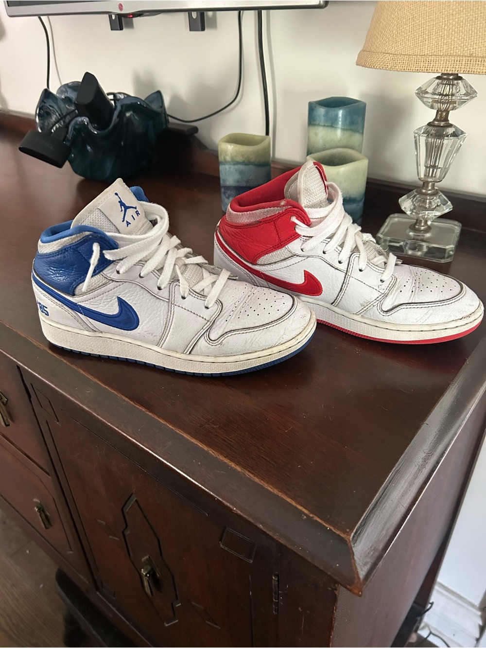 Jordan Kids' Mid-Top Sneakers in White, Red & Blue